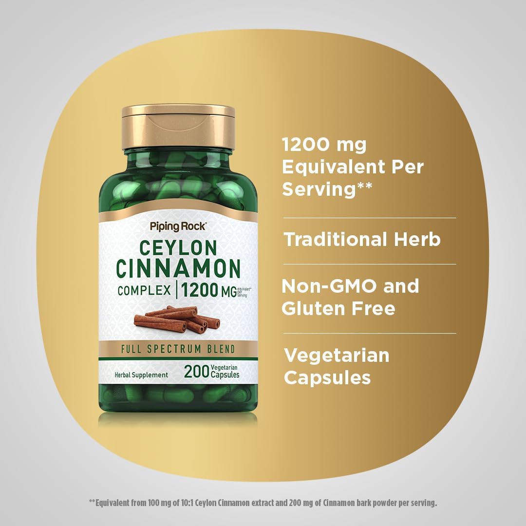 Piping Rock Ceylon Cinnamon Complex Capsules 1200 mg - 200 Count - Herbal Supplement - Vegetarian - Non-GMO - Gluten Free