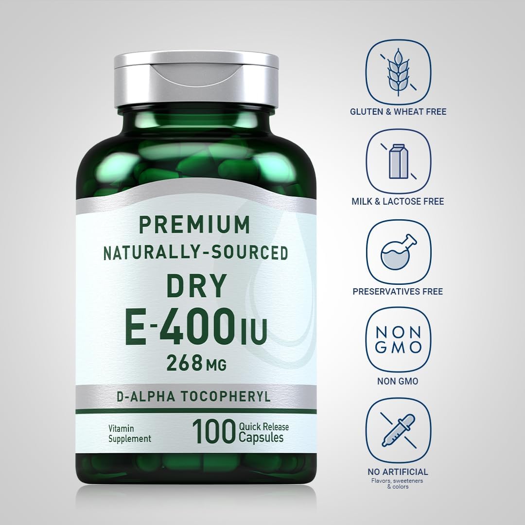 Piping Rock Dry Vitamin E 400 IU Capsules - D-Alpha Tocopheryl Formula, Non-GMO & Gluten Free