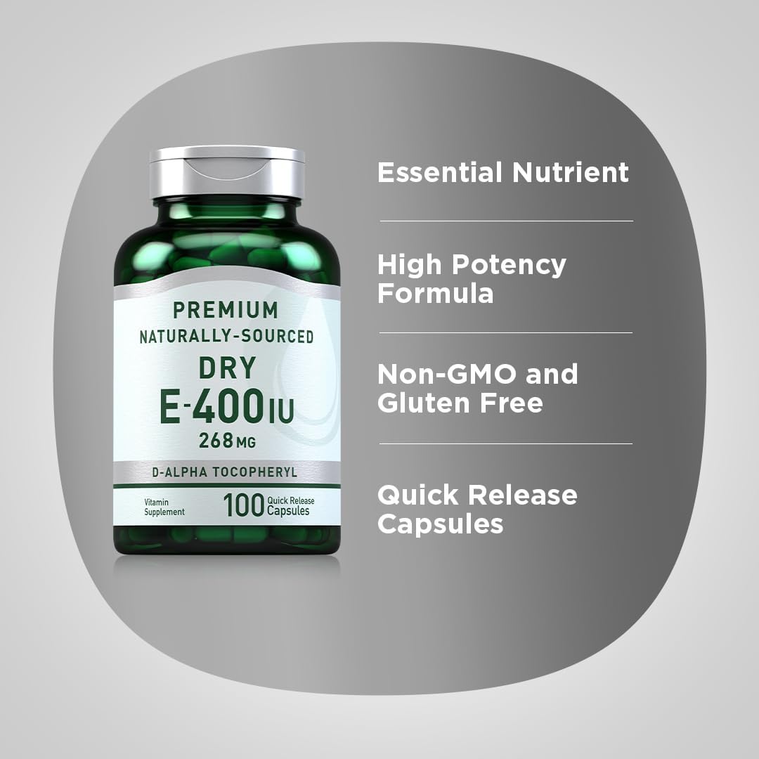 Piping Rock Dry Vitamin E 400 IU Capsules - D-Alpha Tocopheryl Formula, Non-GMO & Gluten Free