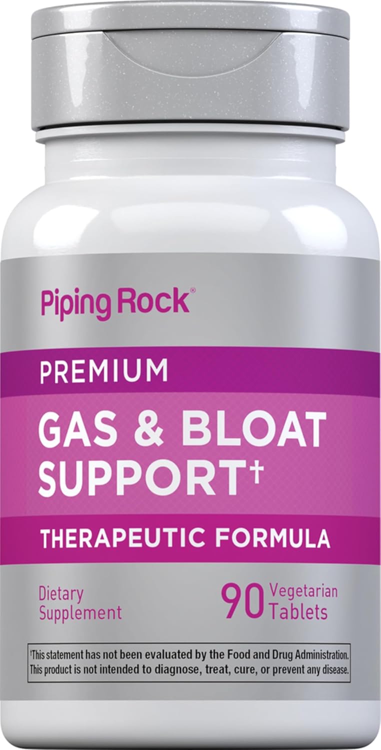 Piping Rock Extra Strength Bloat & Gas Support Supplement with Enzymes, Turmeric & Ginger - 90 Tablets, Non-GMO & Vegetarian