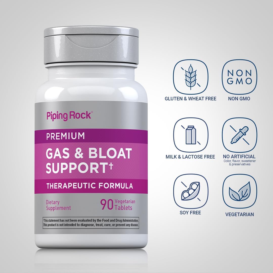 Piping Rock Extra Strength Bloat & Gas Support Supplement with Enzymes, Turmeric & Ginger - 90 Tablets, Non-GMO & Vegetarian