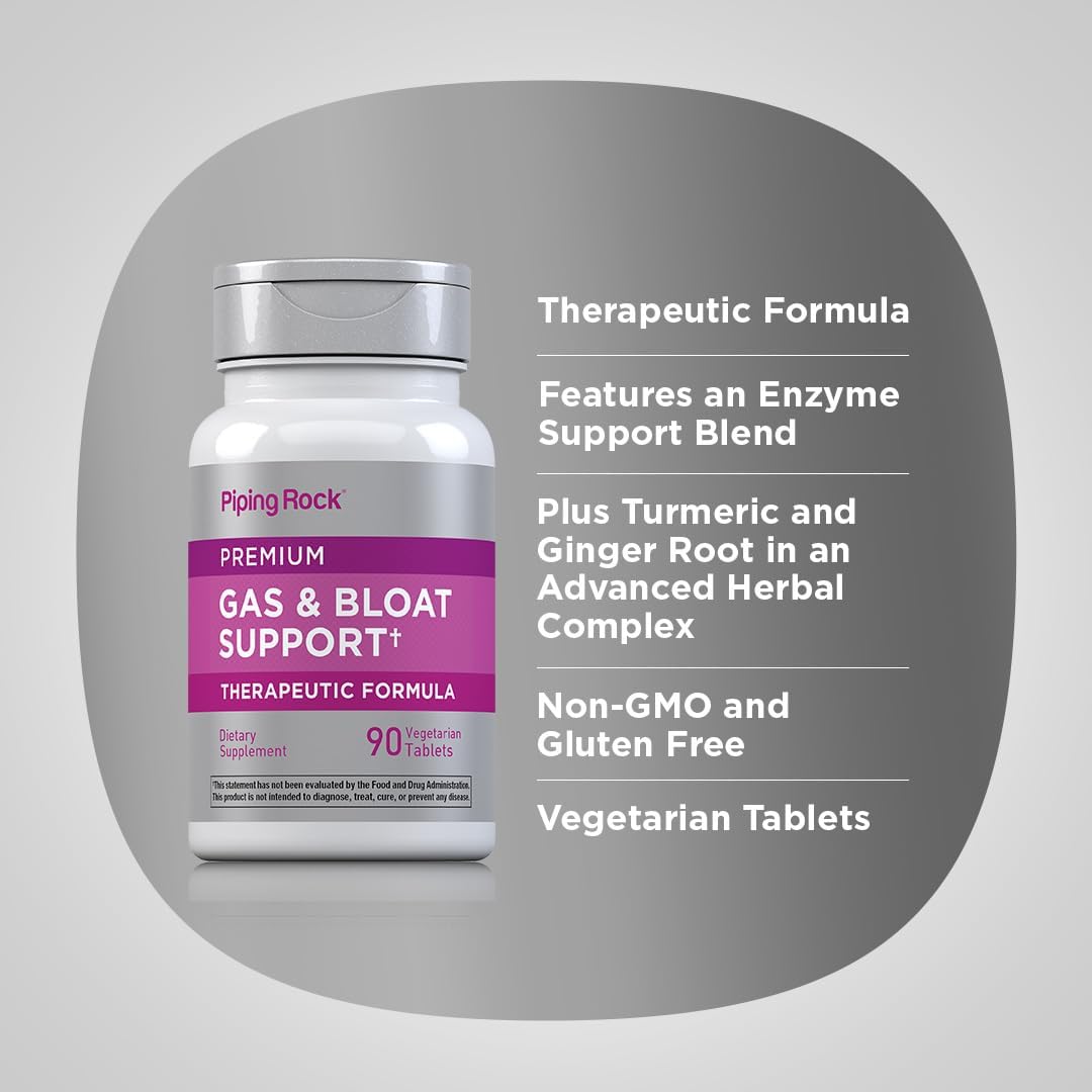 Piping Rock Extra Strength Bloat & Gas Support Supplement with Enzymes, Turmeric & Ginger - 90 Tablets, Non-GMO & Vegetarian