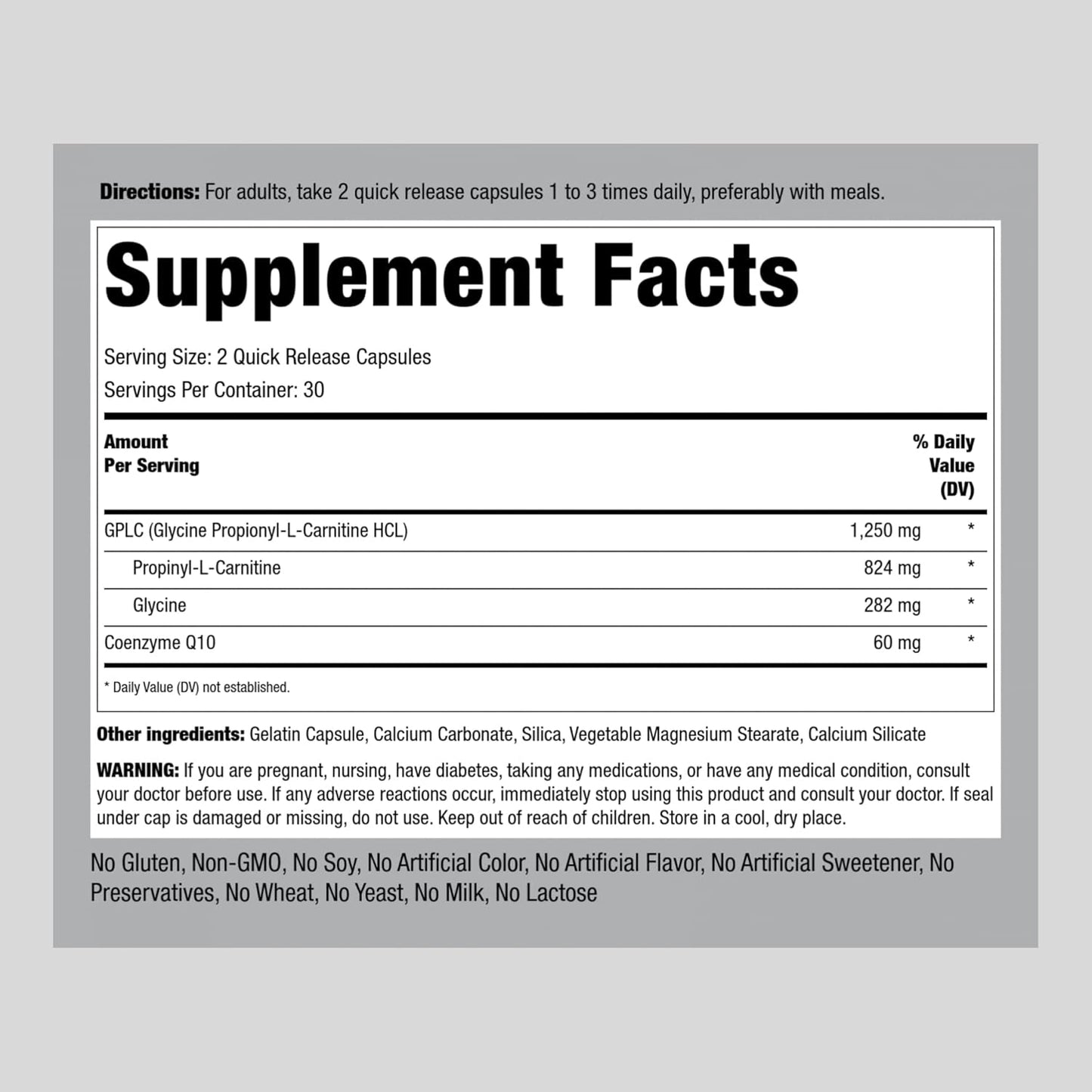 Piping Rock GPLC Glycine Propionyl-L-Carnitine Capsules with CoQ10 - 1250mg, 60 Count - Non-GMO, Gluten Free Supplement
