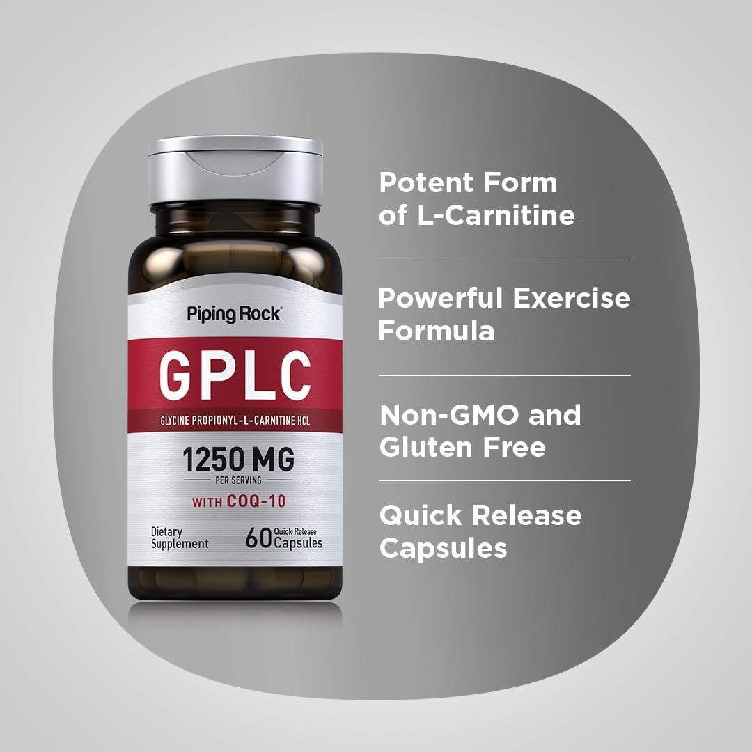 Piping Rock GPLC Glycine Propionyl-L-Carnitine Capsules with CoQ10 - 1250mg, 60 Count - Non-GMO, Gluten Free Supplement