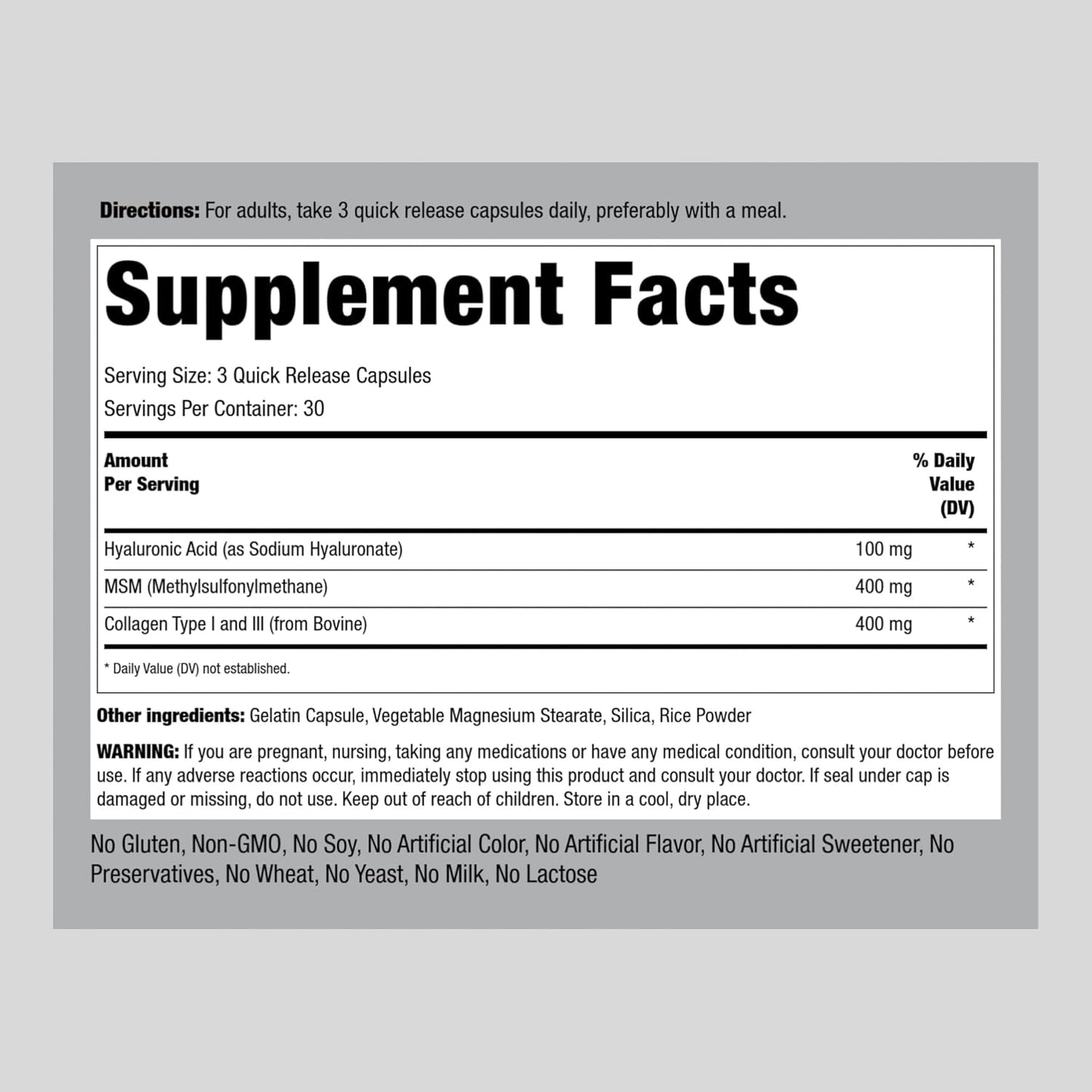 Piping Rock Hyaluronic Acid Complex Capsules 900mg with MSM | Non-GMO, Gluten Free | 90 Count