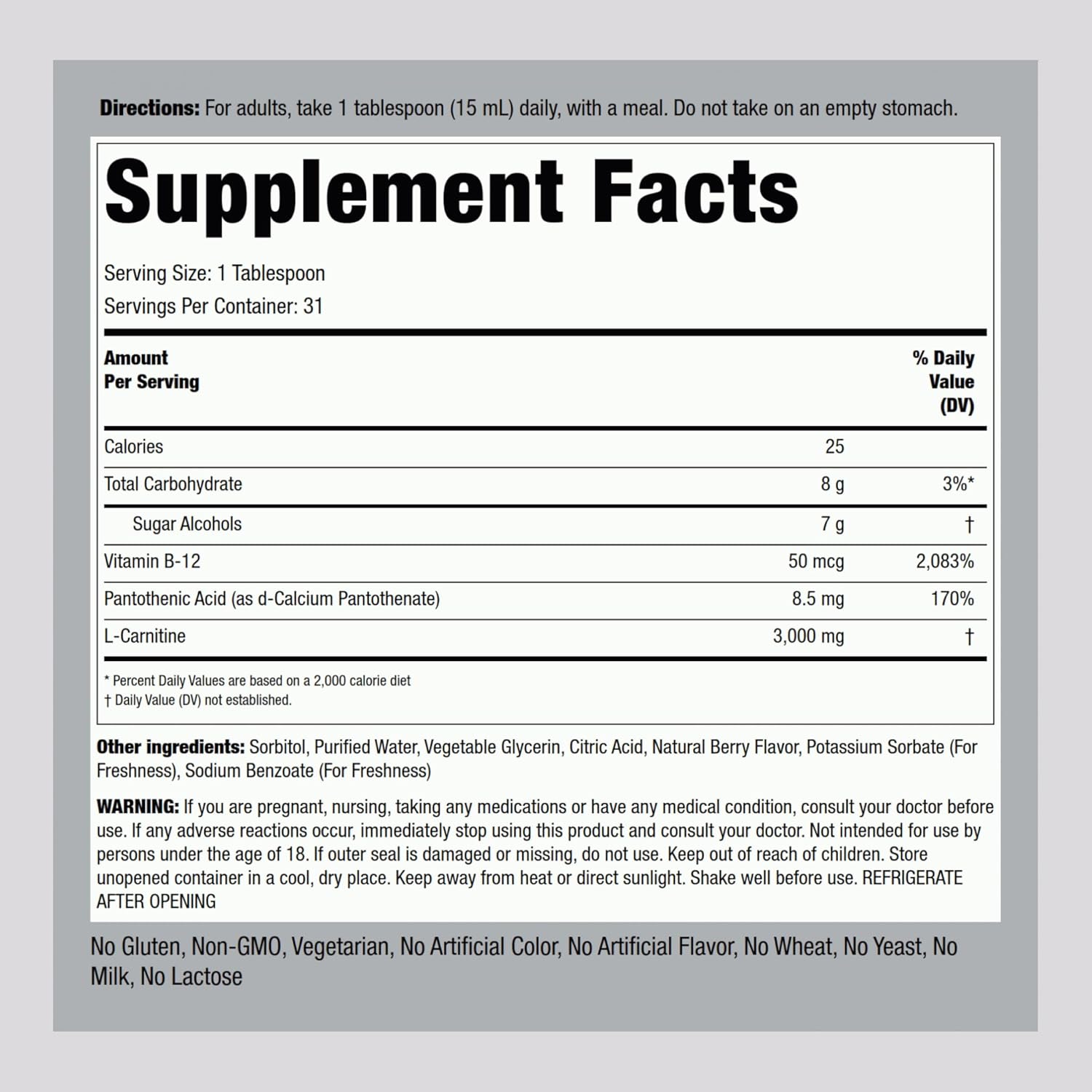 Piping Rock L-Carnitine Liquid Supplement 3000mg Berry Flavor for Advanced Athletes - Non GMO & Gluten Free