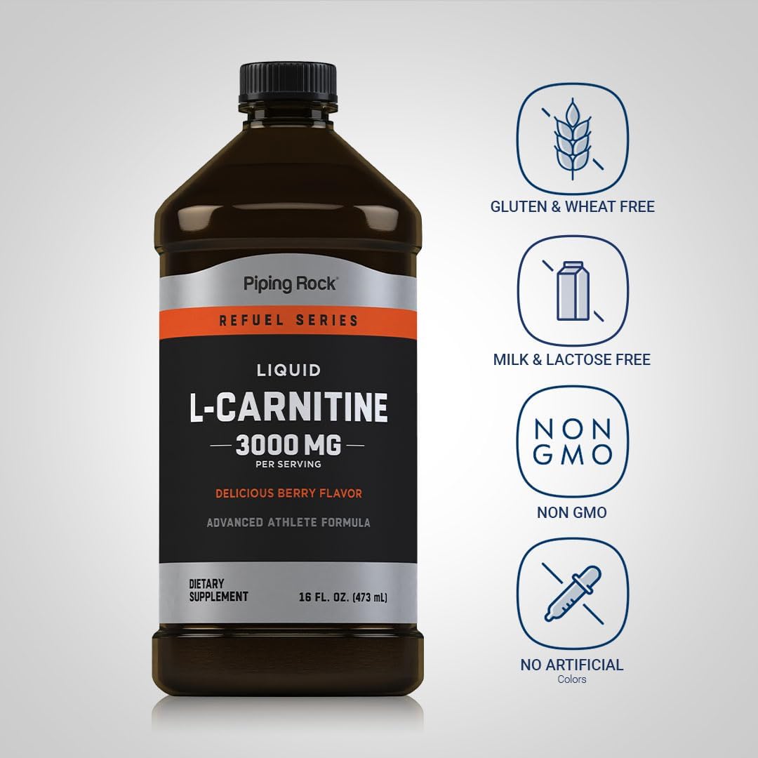 Piping Rock L-Carnitine Liquid Supplement 3000mg Berry Flavor for Advanced Athletes - Non GMO & Gluten Free