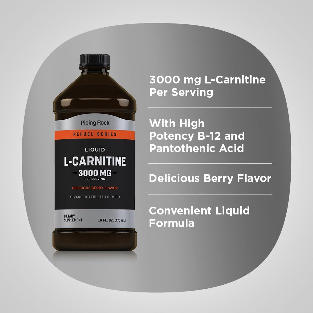 Piping Rock L-Carnitine Liquid Supplement 3000mg Berry Flavor for Advanced Athletes - Non GMO & Gluten Free