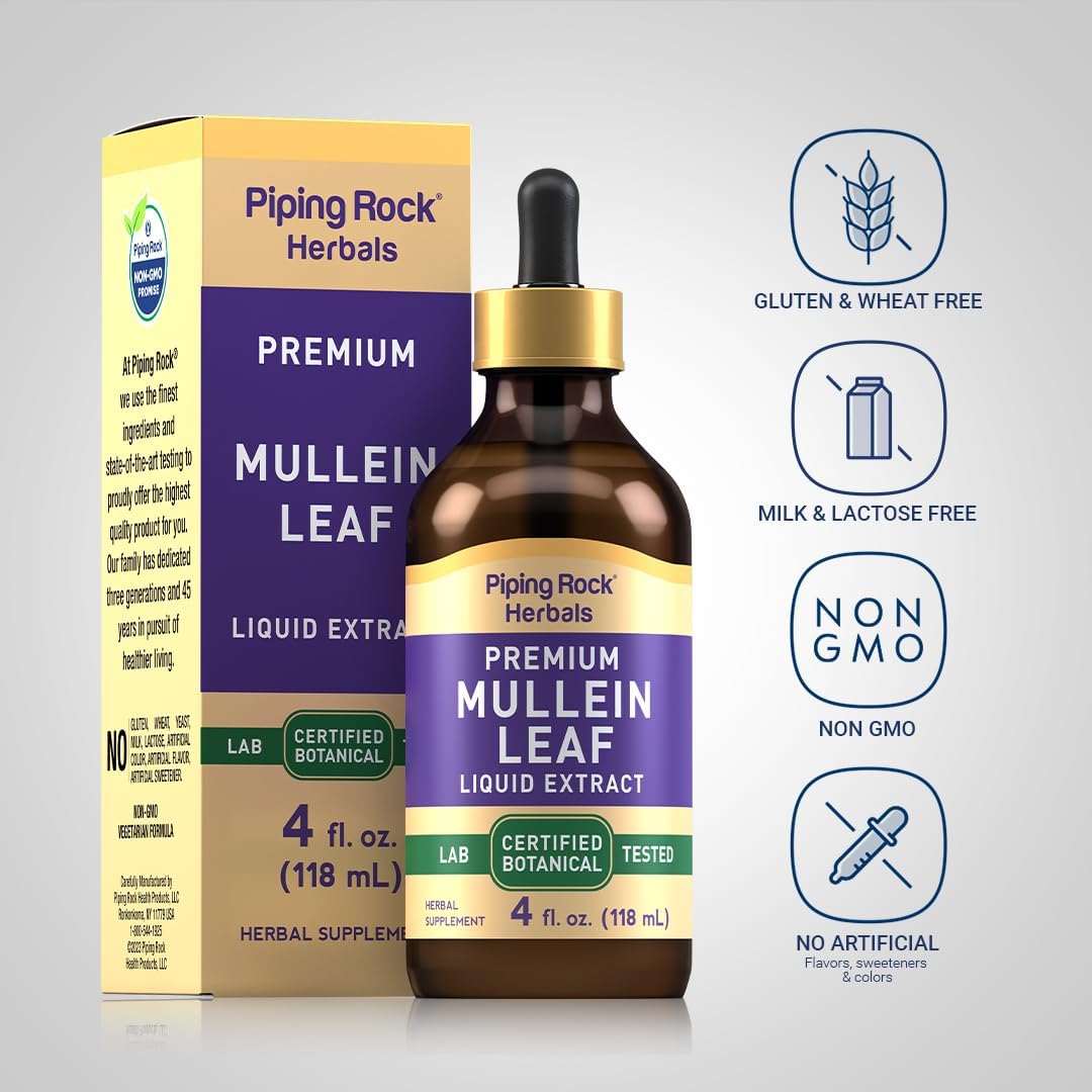 Piping Rock Mullein Leaf Extract Tincture | 4 fl oz | Premium Herbal Liquid Drops | Certified Botanical Supplement | Non GMO, Gluten Free