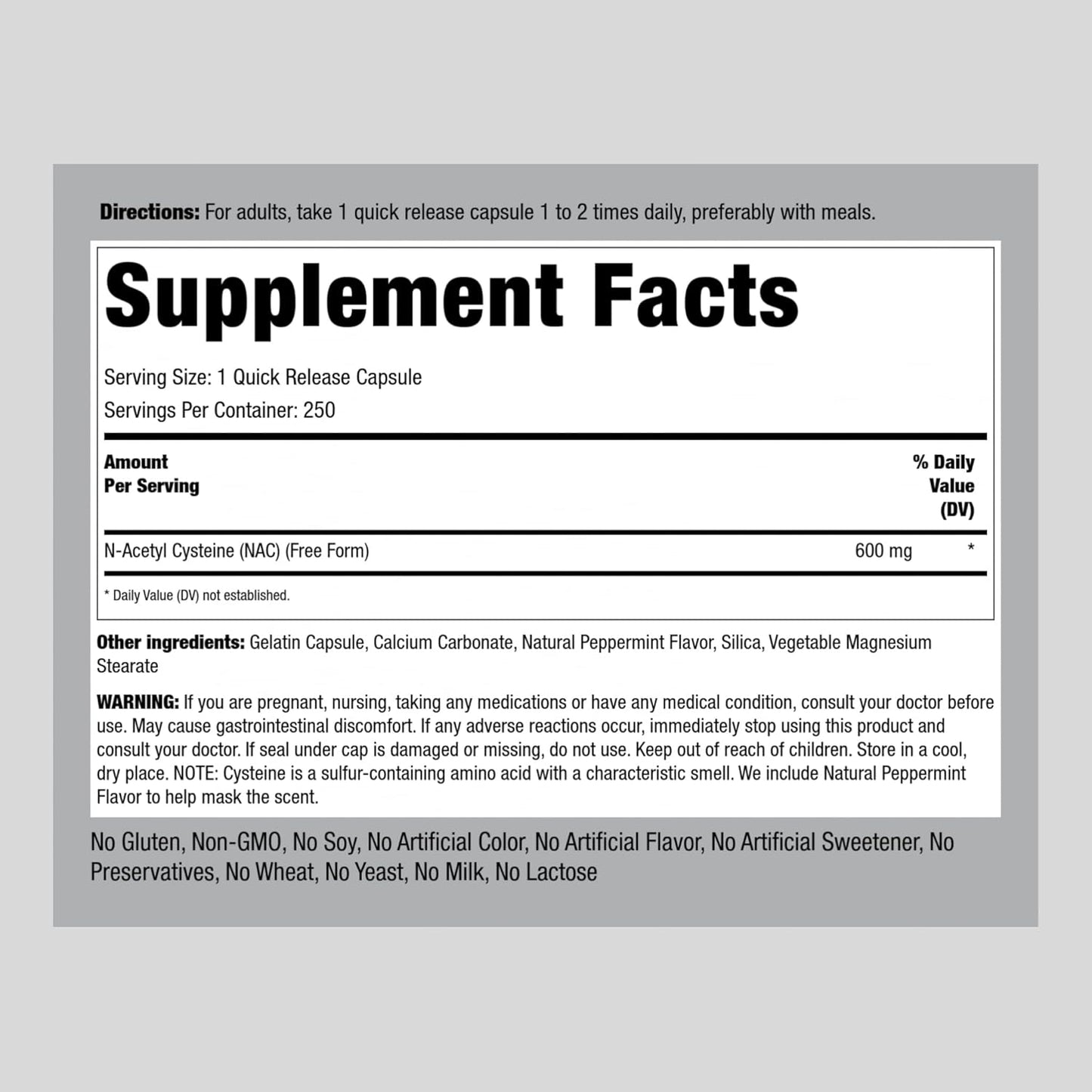 Piping Rock N-Acetyl Cysteine 600mg Capsules - 250 Count - Non-GMO & Gluten Free NAC Supplement