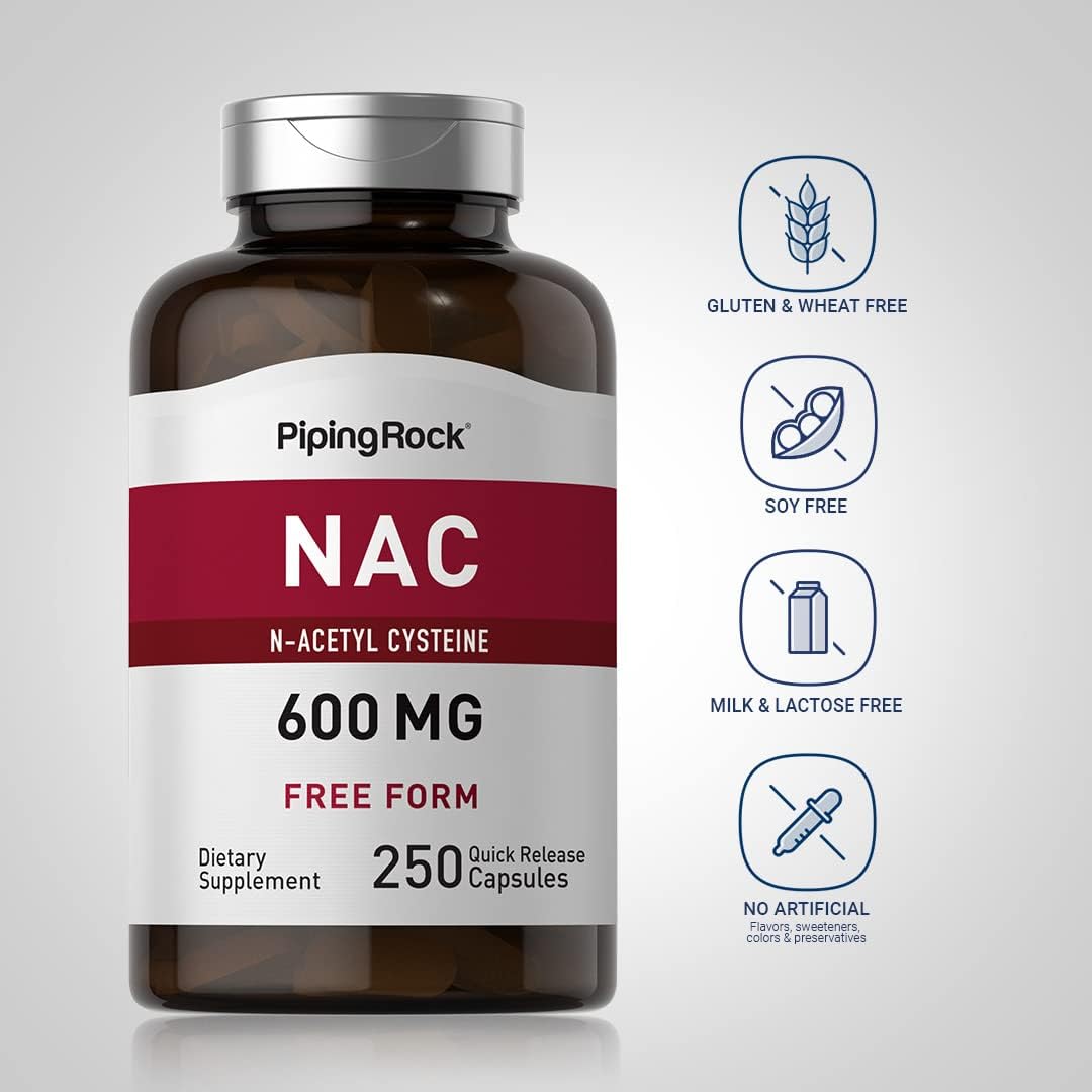 Piping Rock N-Acetyl Cysteine 600mg Capsules - 250 Count - Non-GMO & Gluten Free NAC Supplement