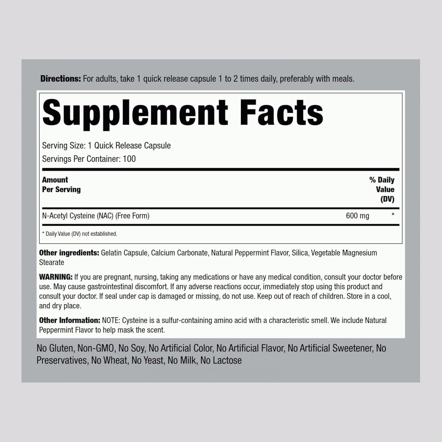 Piping Rock N-Acetyl Cysteine (NAC) Supplement 600mg 100 Capsules - Free Form Pills - Non-GMO, Gluten Free