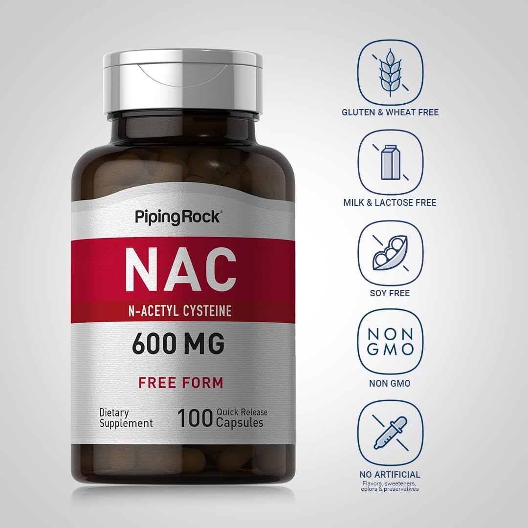 Piping Rock N-Acetyl Cysteine (NAC) Supplement 600mg 100 Capsules - Free Form Pills - Non-GMO, Gluten Free