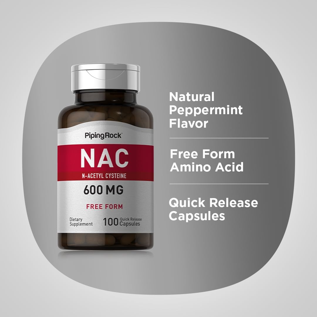 Piping Rock N-Acetyl Cysteine (NAC) Supplement 600mg 100 Capsules - Free Form Pills - Non-GMO, Gluten Free