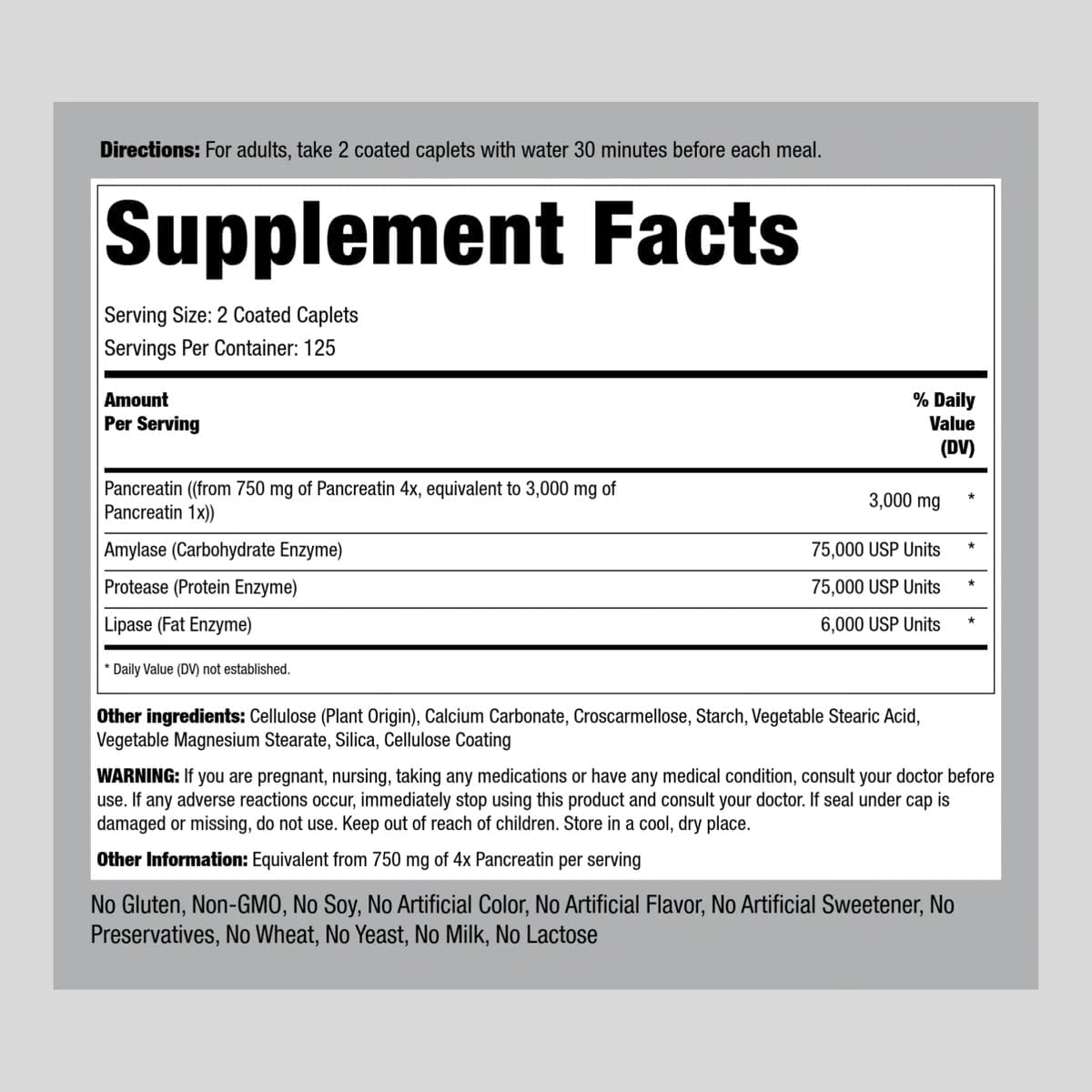 Piping Rock Pancreatin Enzymes 3000mg Caplets Ultra Strength Non-GMO Gluten Free - 250 Count