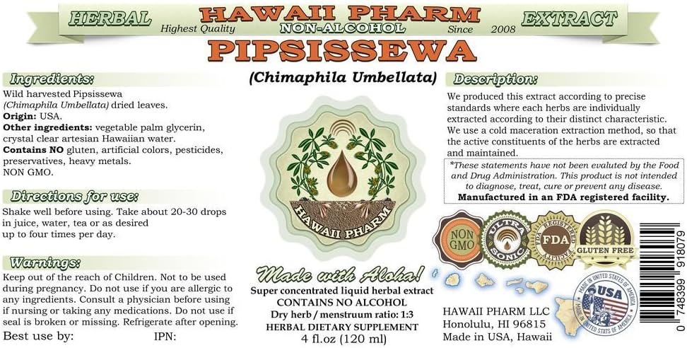 Pipsissewa Alcohol-Free Liquid Extract, Chimaphila umbellata Leaf Glycerite Supplement 4x4 fl.oz by Hawaii Pharm