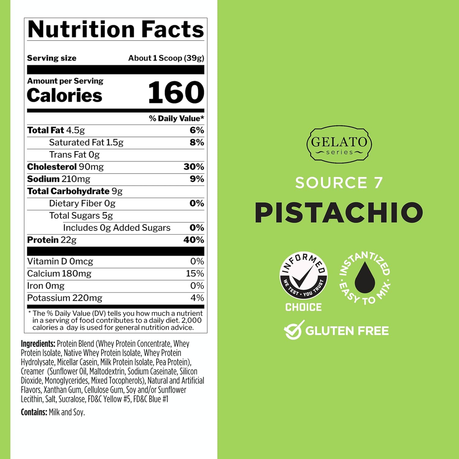 Pistachio Gelato Protein Powder - 5lb, 22g Protein, 10g EAAs, 7 Premium Sources