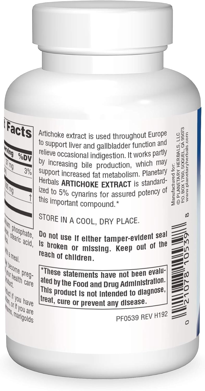 Planetary Herbals Artichoke Extract 500 mg Tablets - 120 Count Bottle