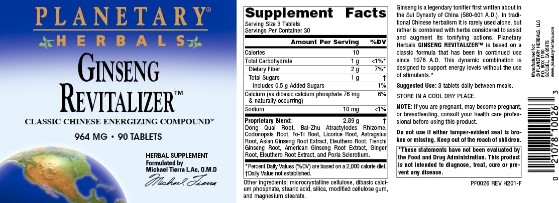 Planetary Herbals Ginseng Revitalizer Tablets - Classic Chinese Energizing Compound, 964 mg - 90 Count