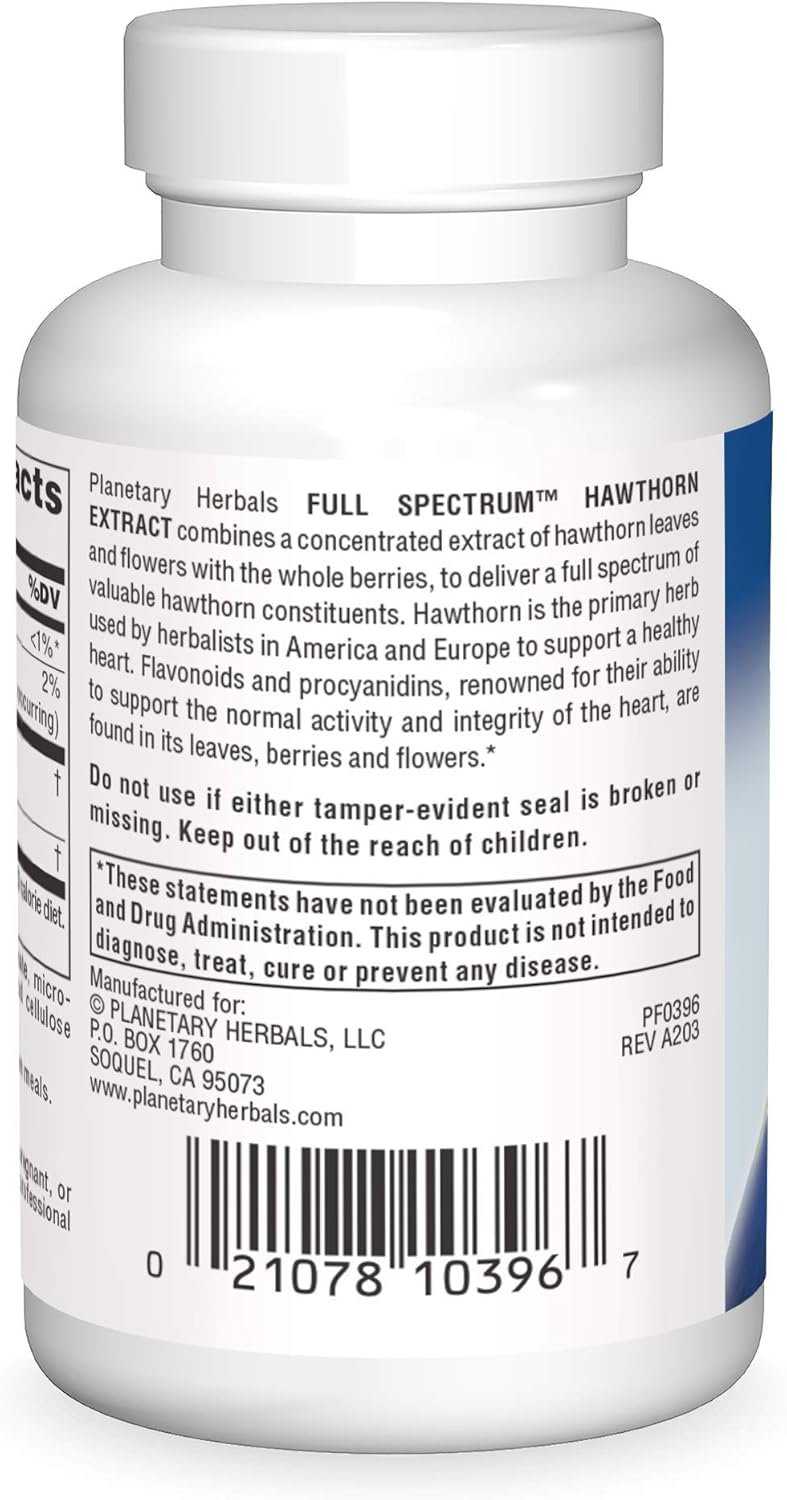 Planetary Herbals Hawthorn Extract 550mg - Full Spectrum Herbal Supplement - 60 Tablets