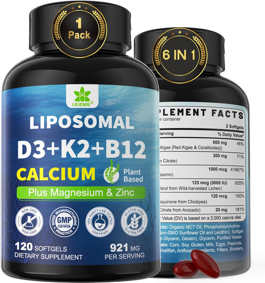 Plant-Based 6-in-1 Liposomal Vitamin D3 K2 Calcium Supplement - Vegan Calcium 600mg with Vitamin D 5000 IU, K2 MK7, B12, Algae Magnesium Zinc - Max Absorption Bone Support - 1 Pack
