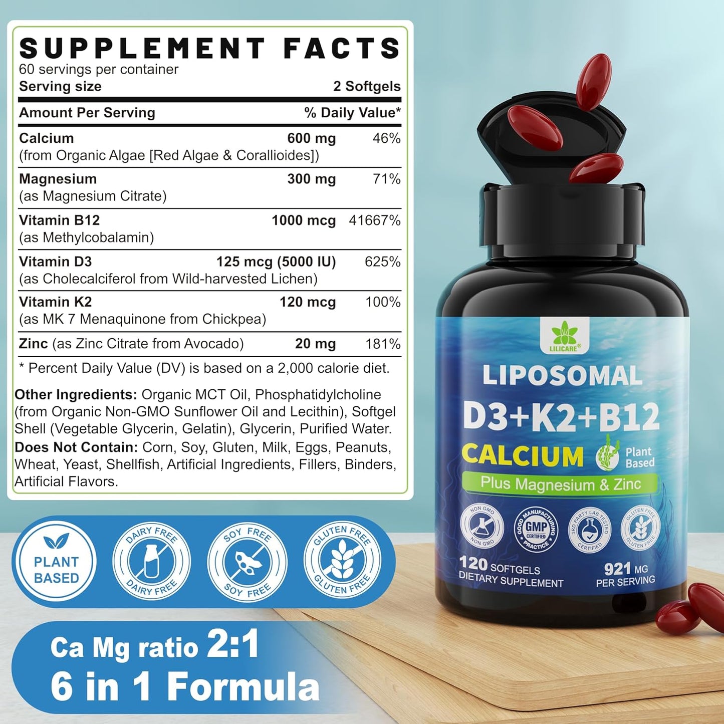Plant-Based 6-in-1 Liposomal Vitamin D3 K2 Calcium Supplement - Vegan Calcium 600mg with Vitamin D 5000 IU, K2 MK7, B12, Algae Magnesium Zinc - Max Absorption Bone Support - 1 Pack