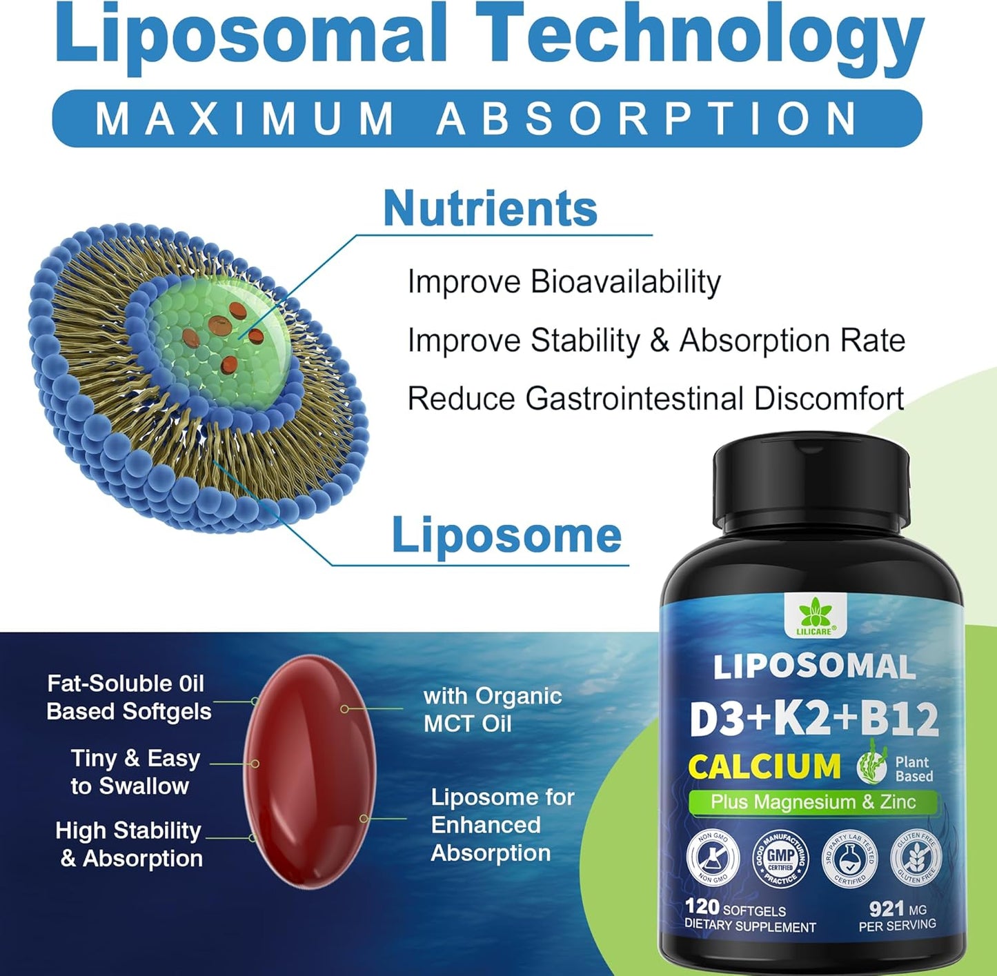 Plant-Based 6-in-1 Liposomal Vitamin D3 K2 Calcium Supplement - Vegan Calcium 600mg with Vitamin D 5000 IU, K2 MK7, B12, Algae Magnesium Zinc - Max Absorption Bone Support - 1 Pack