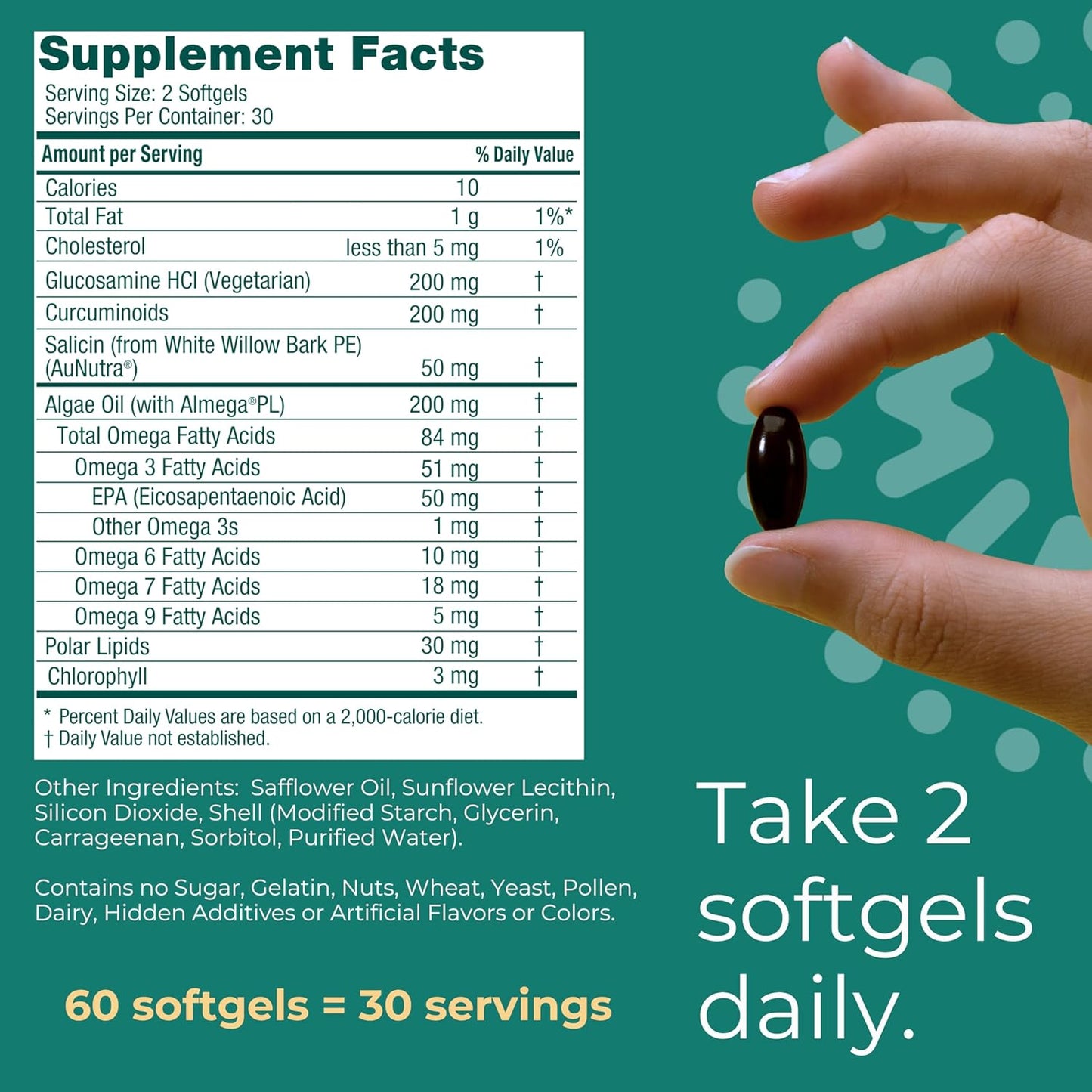 Plant-Based Algae Omega-3 Softgels with Glucosamine for Joint Health & Mobility - 60 Count, No Fishy Aftertaste, Krill & Fish Oil Alternative