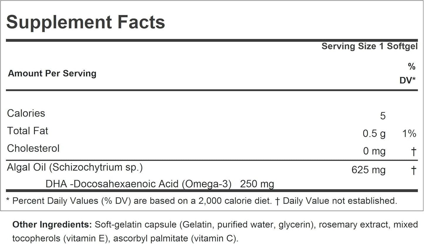 Plant-Based Algal DHA Softgels - High DHA Omega-3 Supplement, Non-GMO, No Fishy Aftertaste, Easy to Swallow - 30 Count