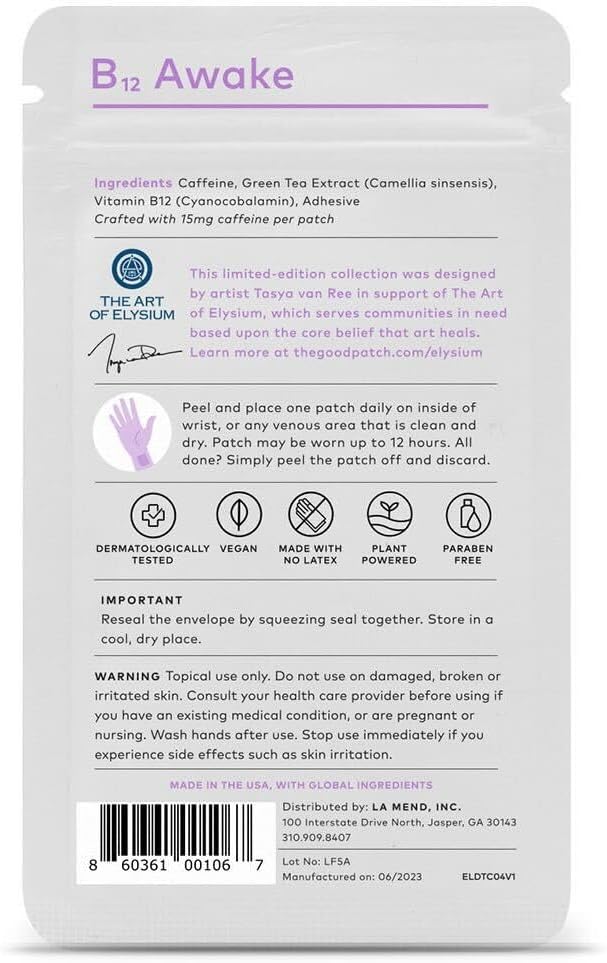 Plant-Based B12 Awake Patch with Caffeine & Green Tea Extract for Energy Boost - Artist-Designed (8 Patches)