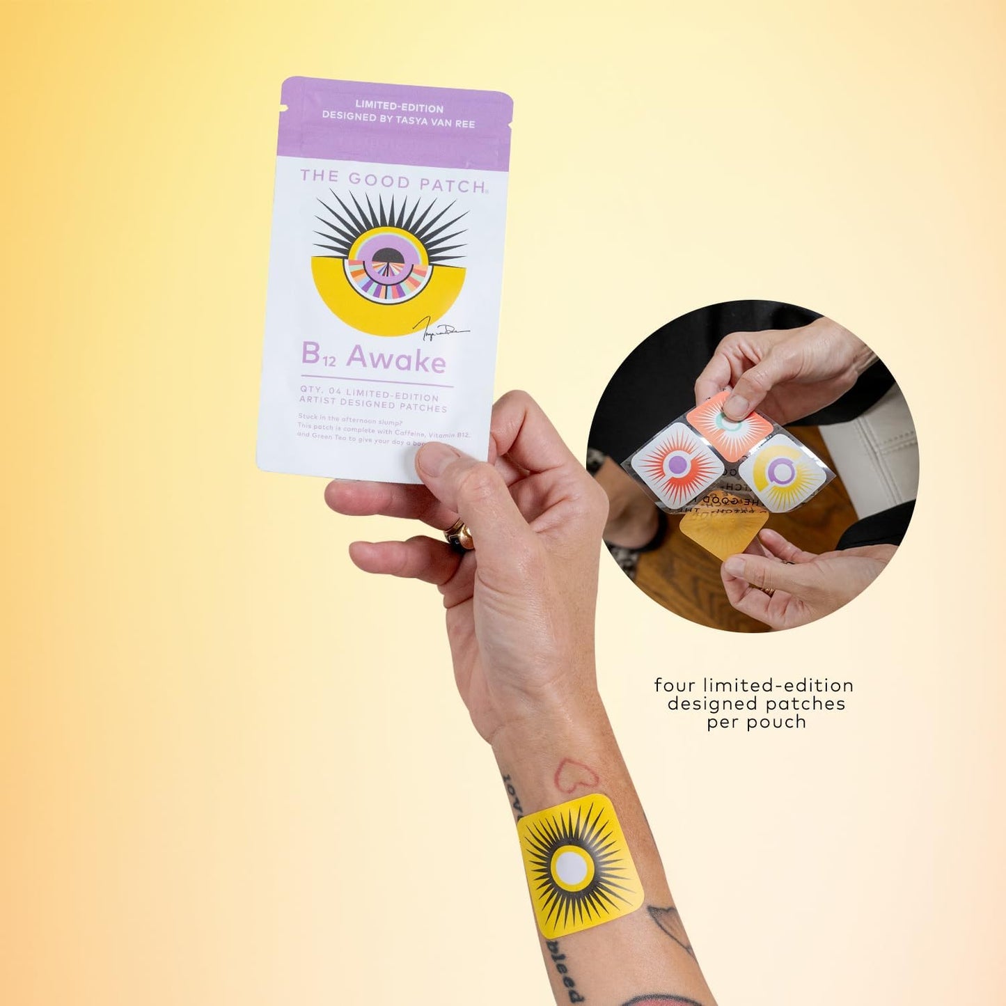 Plant-Based B12 Awake Patch with Caffeine & Green Tea Extract for Energy Boost - Artist-Designed (8 Patches)