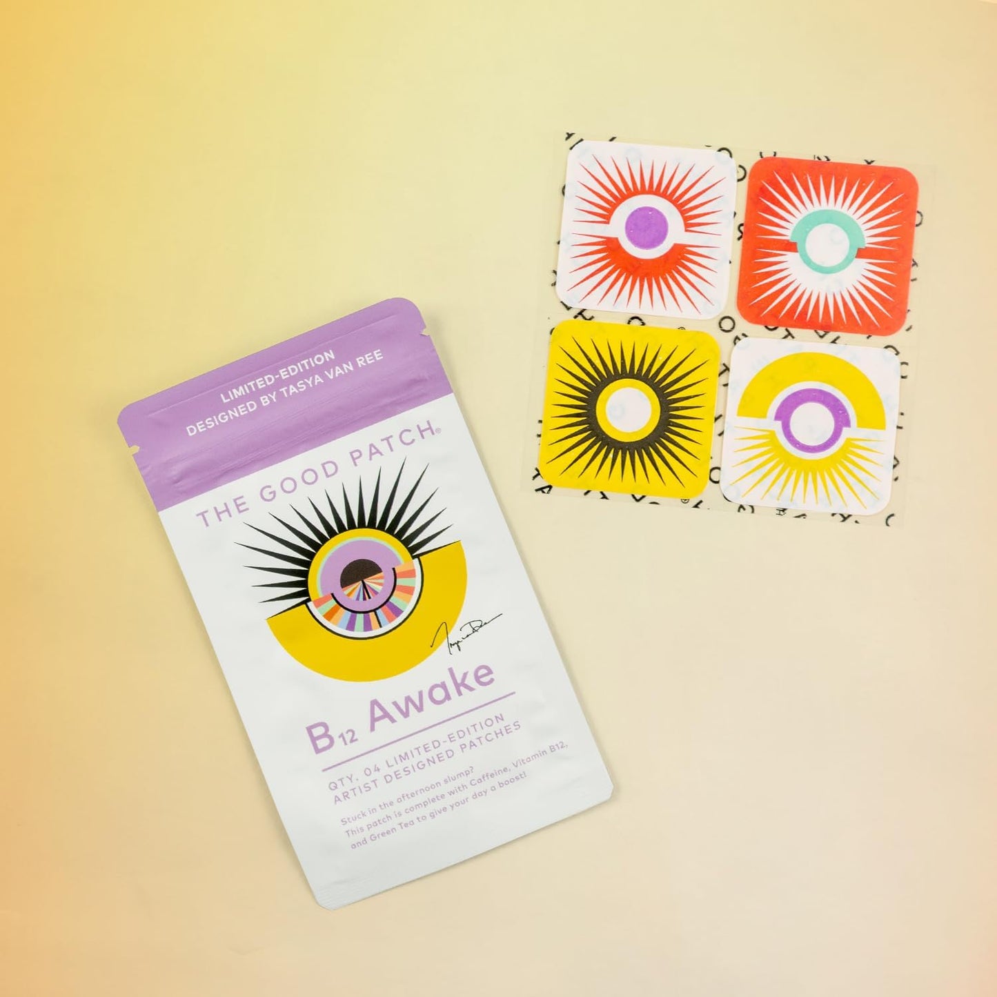 Plant-Based B12 Awake Patch with Caffeine & Green Tea Extract for Energy Boost - Artist-Designed (8 Patches)