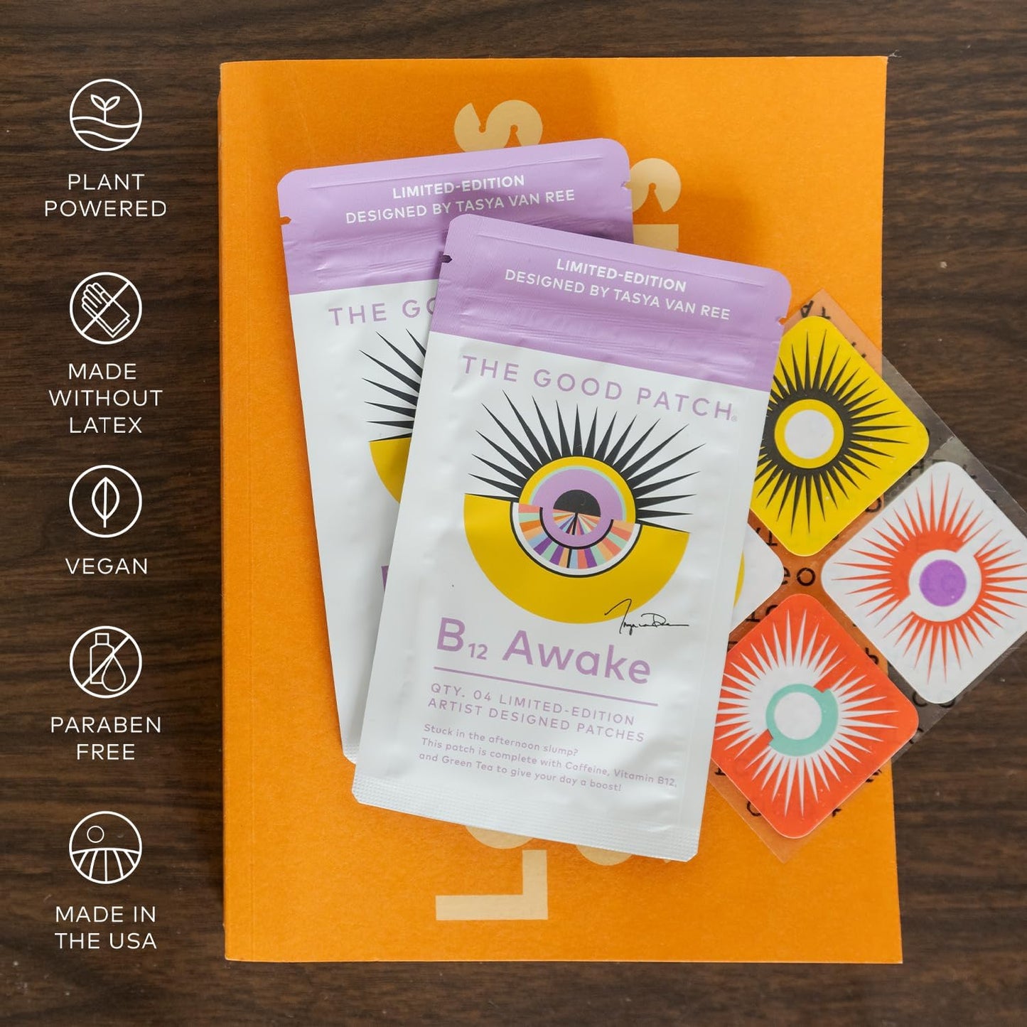 Plant-Based B12 Awake Patch with Caffeine & Green Tea Extract for Energy Boost - Artist-Designed (8 Patches)