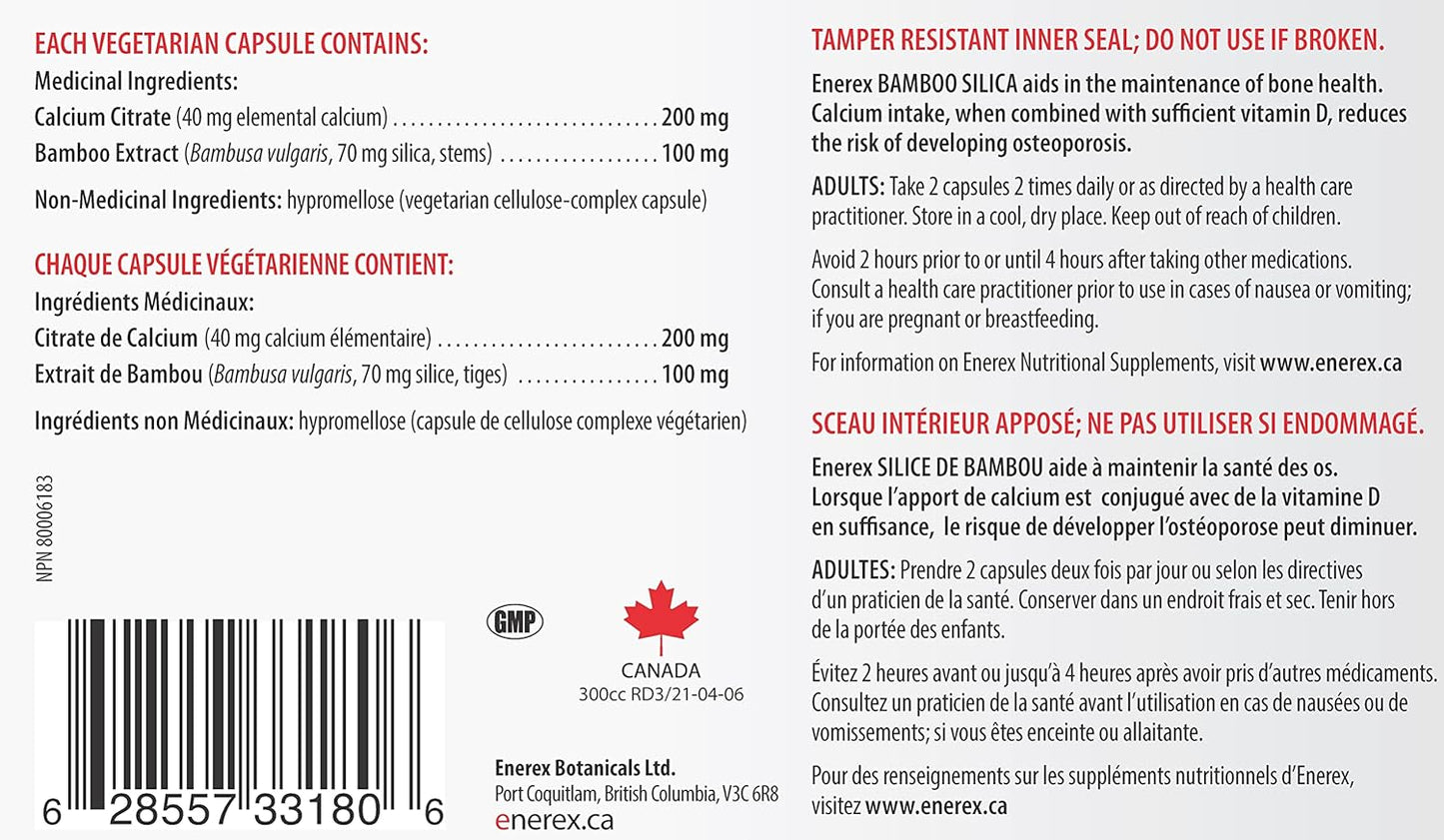 Plant-Based Bamboo Silica & Calcium Citrate Capsules for Bone Health - 180 Veggie Capsules for Stronger Hair, Skin & Nails - Organic Silica Supplement for Overall Wellbeing