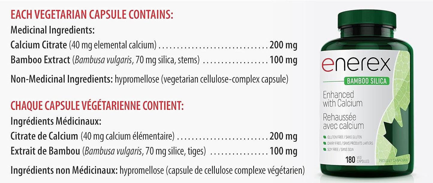 Plant-Based Bamboo Silica & Calcium Citrate Capsules for Bone Health - 180 Veggie Capsules for Stronger Hair, Skin & Nails - Organic Silica Supplement for Overall Wellbeing