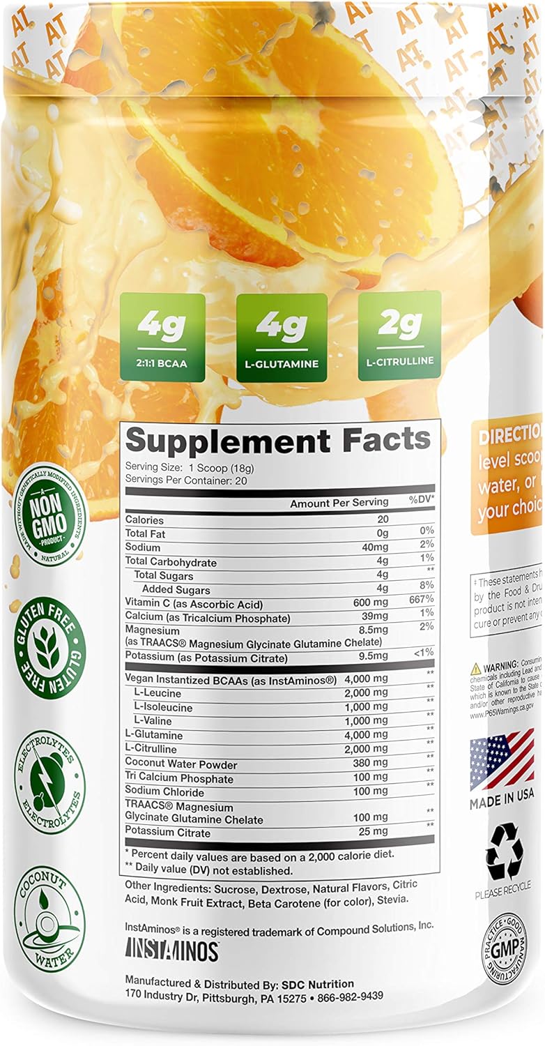 Plant Based BCAA Hydrate Clear with L-Glutamine & Electrolytes - Orange Cream Flavor, Non-GMO, Gluten Free, Monk Fruit Sweetened - 20 Servings