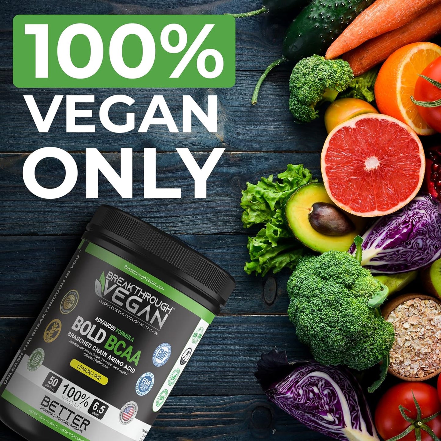 Plant-Based BCAA Powder for Lean Muscle & Recovery | Vegan Lemon-Lime BCAA with 6.5g Amino Acids