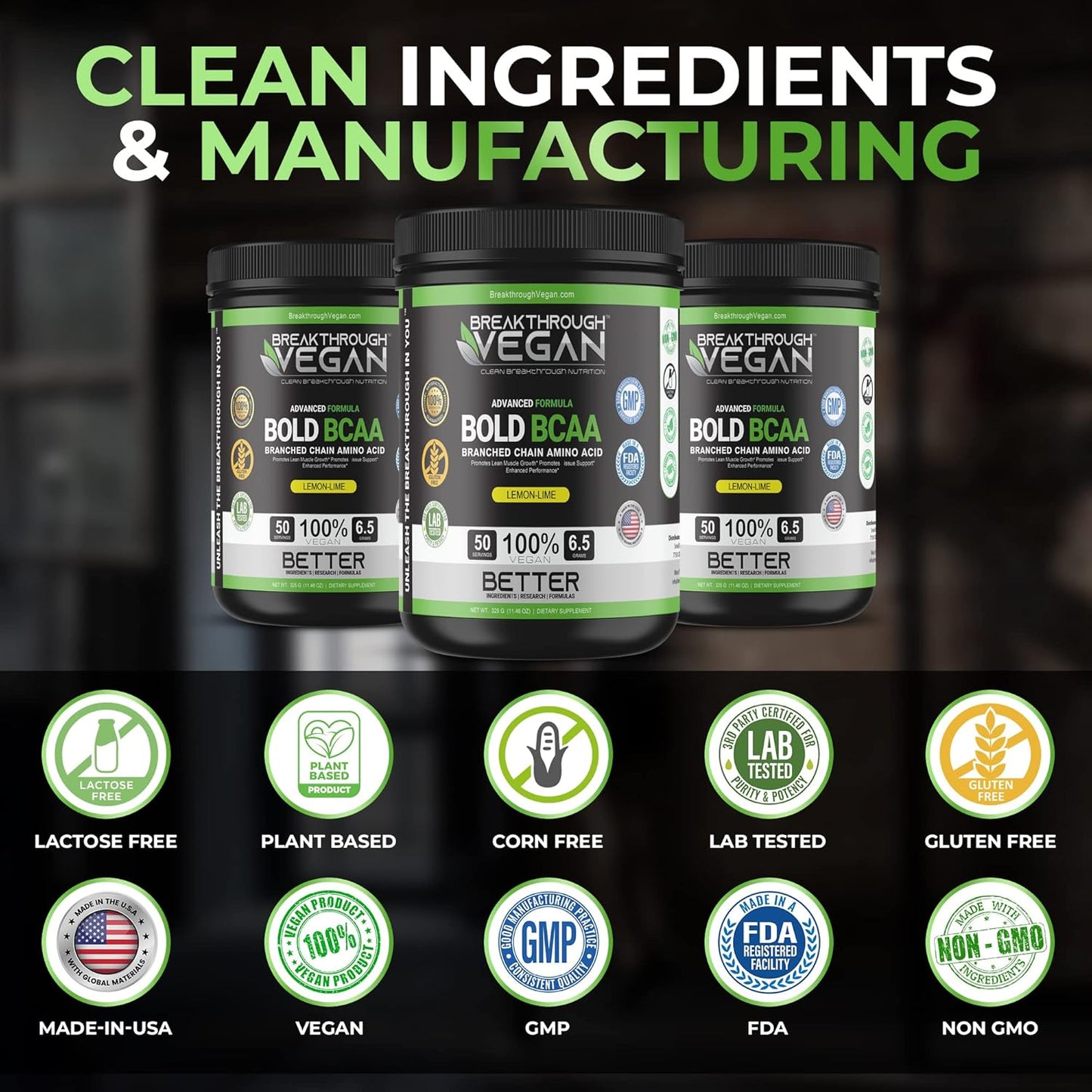 Plant-Based BCAA Powder for Lean Muscle & Recovery | Vegan Lemon-Lime BCAA with 6.5g Amino Acids