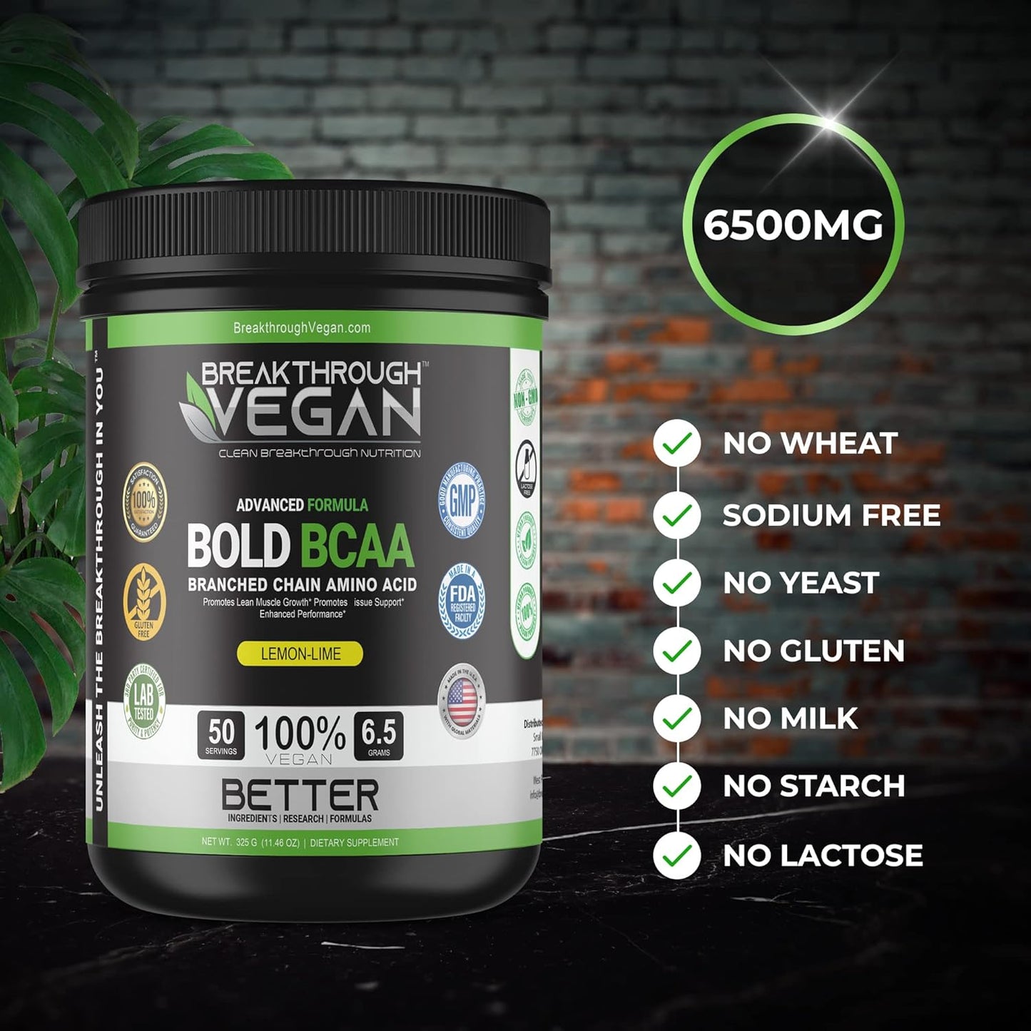 Plant-Based BCAA Powder for Lean Muscle & Recovery | Vegan Lemon-Lime BCAA with 6.5g Amino Acids