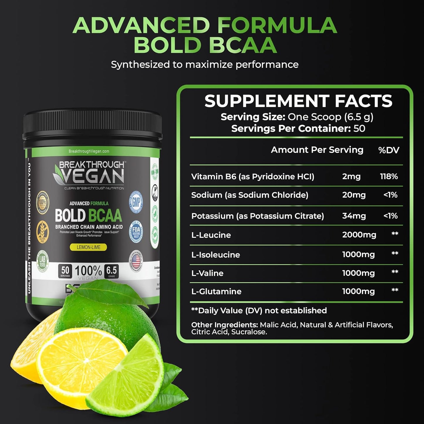 Plant-Based BCAA Powder for Lean Muscle & Recovery | Vegan Lemon-Lime BCAA with 6.5g Amino Acids