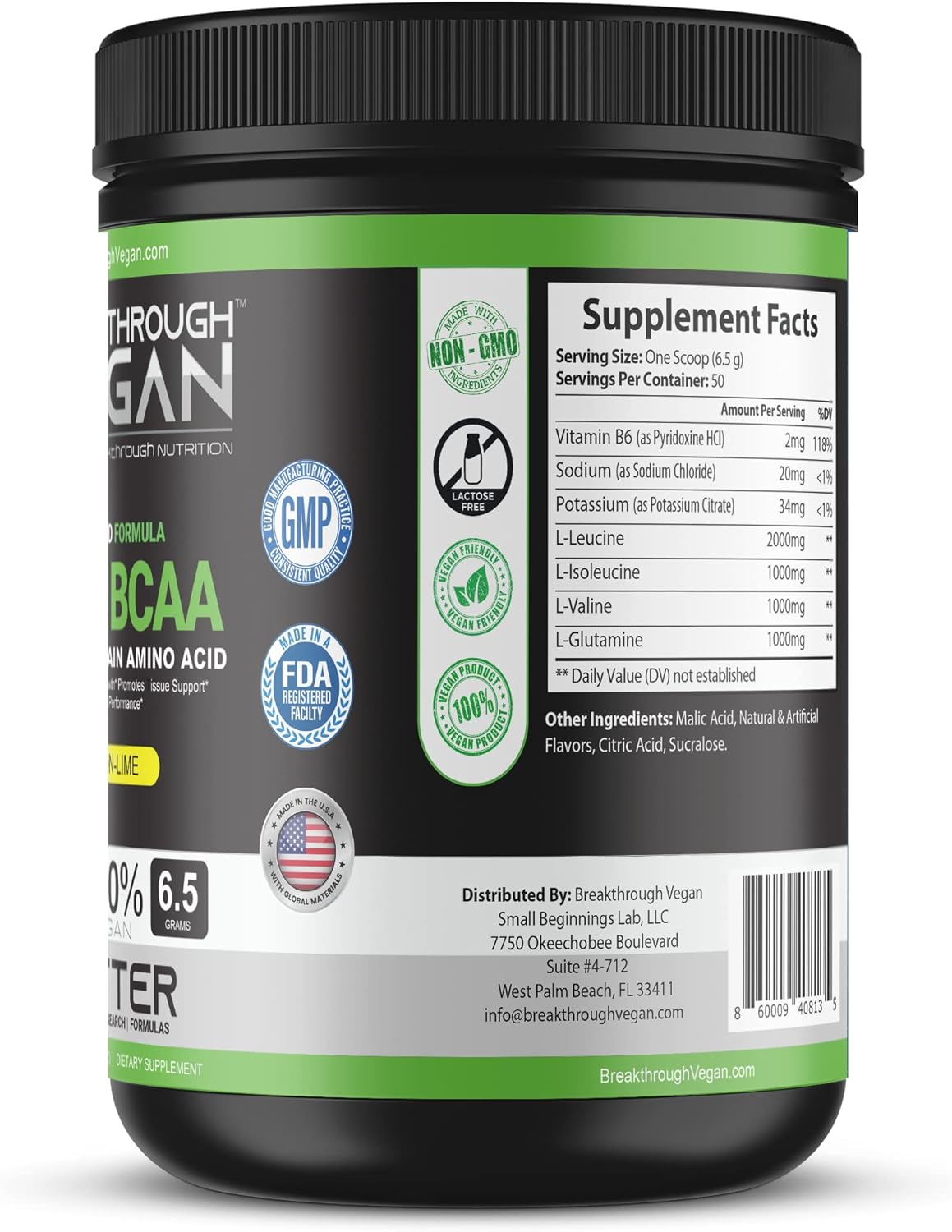 Plant-Based BCAA Powder for Lean Muscle & Recovery | Vegan Lemon-Lime BCAA with 6.5g Amino Acids