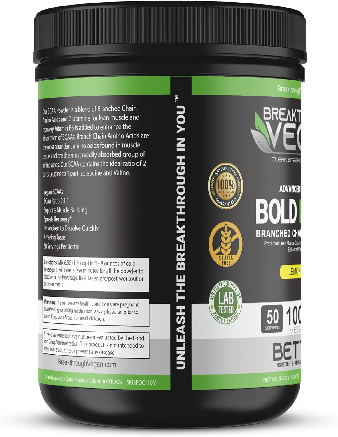Plant-Based BCAA Powder for Lean Muscle & Recovery | Vegan Lemon-Lime BCAA with 6.5g Amino Acids