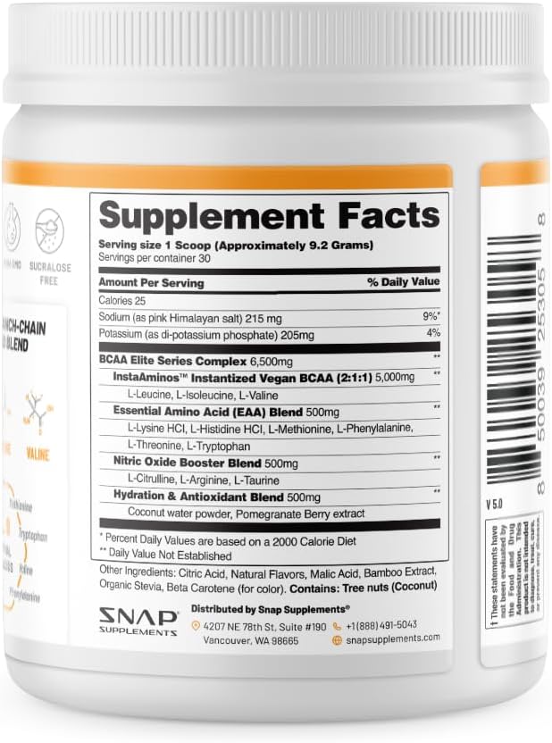 Plant-Based BCAA Powder with Nitric Oxide Booster for Muscle Strength and Recovery, 30 Servings - No Artificial Flavors