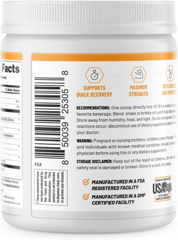 Plant-Based BCAA Powder with Nitric Oxide Booster for Muscle Strength and Recovery, 30 Servings - No Artificial Flavors