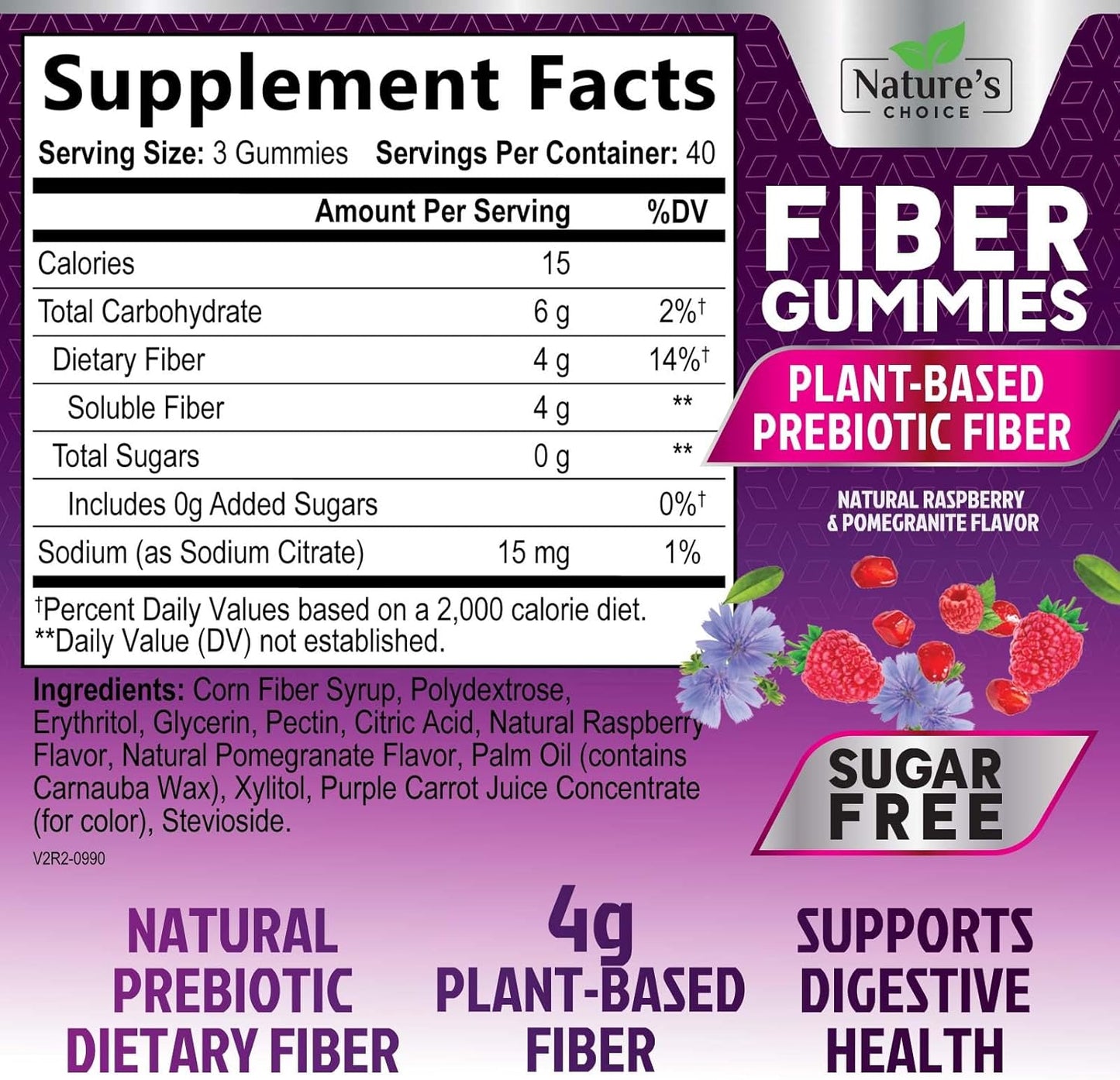 Plant-Based Berry Flavored Fiber Gummies for Adults - Sugar-Free Prebiotic Supplement for Digestive Health - 120 Count