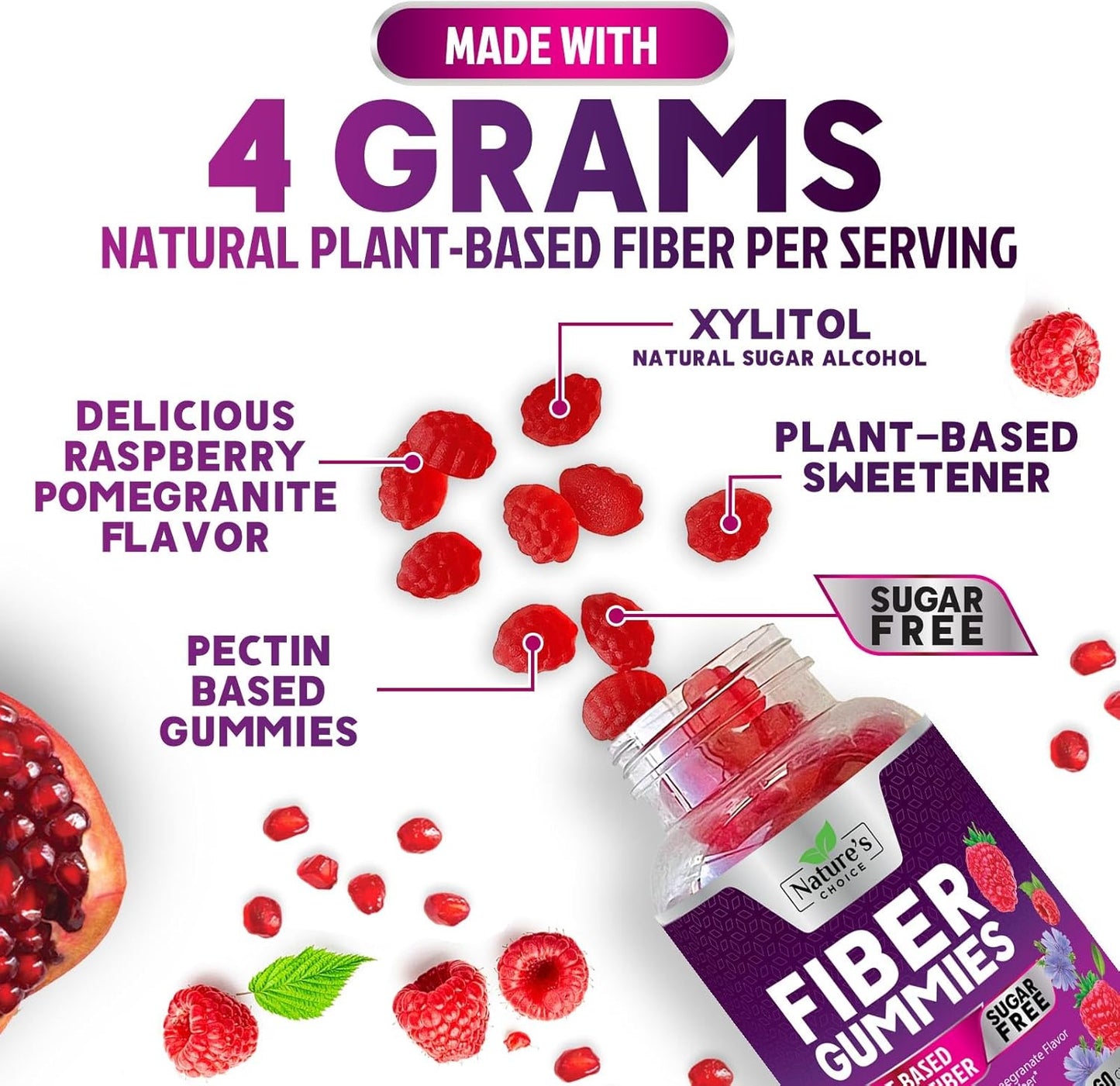 Plant-Based Berry Flavored Fiber Gummies for Adults - Sugar-Free Prebiotic Supplement for Digestive Health - 120 Count