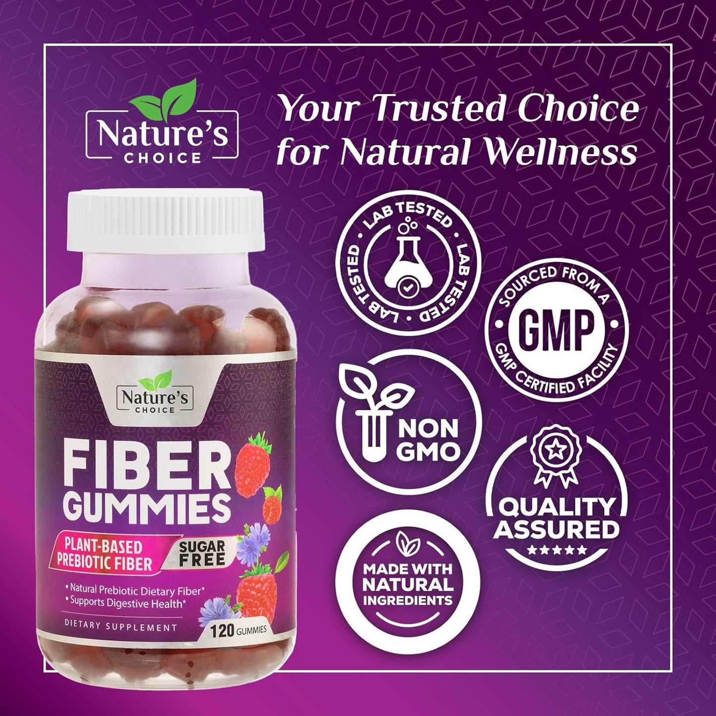 Plant-Based Berry Flavored Fiber Gummies for Adults - Sugar-Free Prebiotic Supplement for Digestive Health - 120 Count