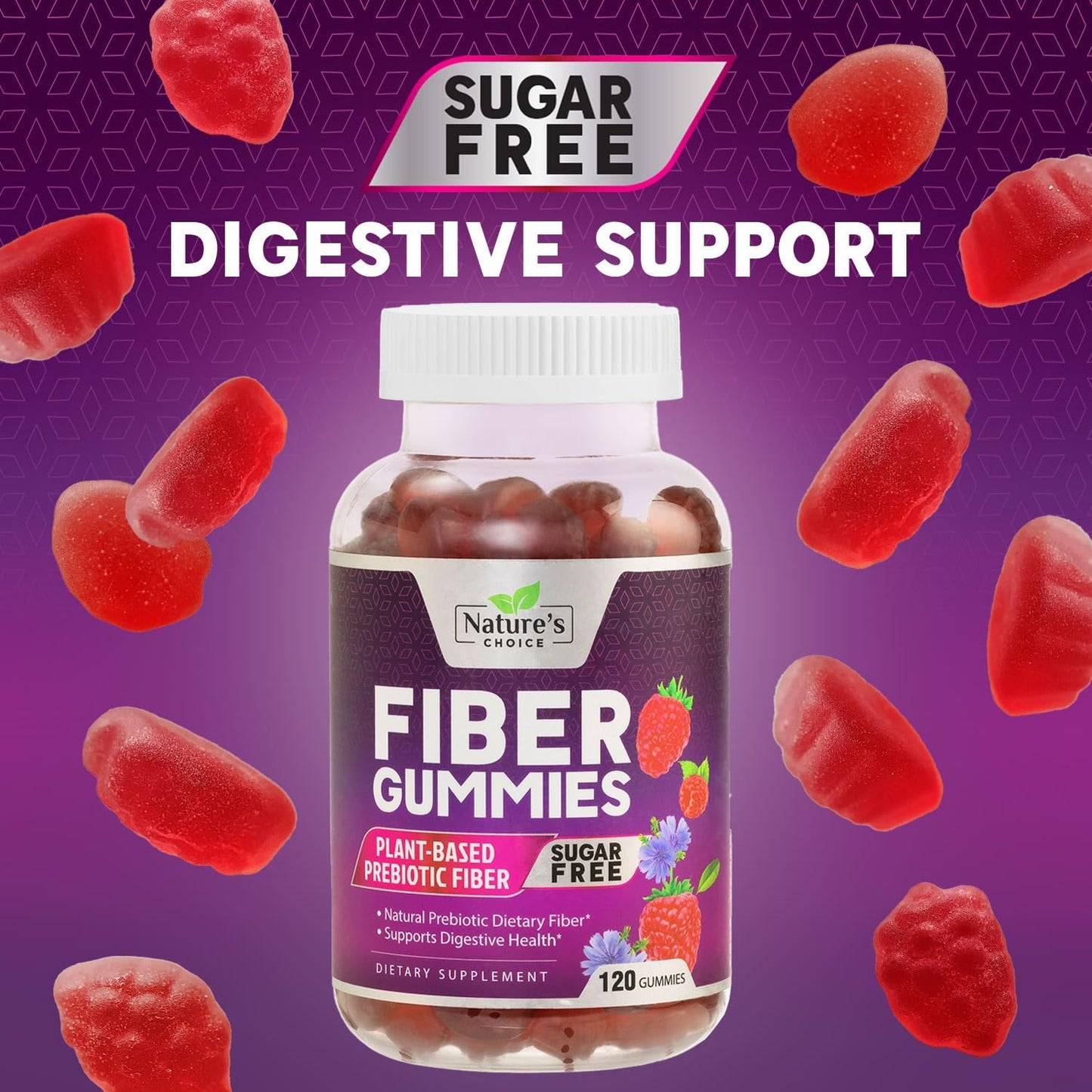 Plant-Based Berry Flavored Fiber Gummies for Adults - Sugar-Free Prebiotic Supplement for Digestive Health - 120 Count
