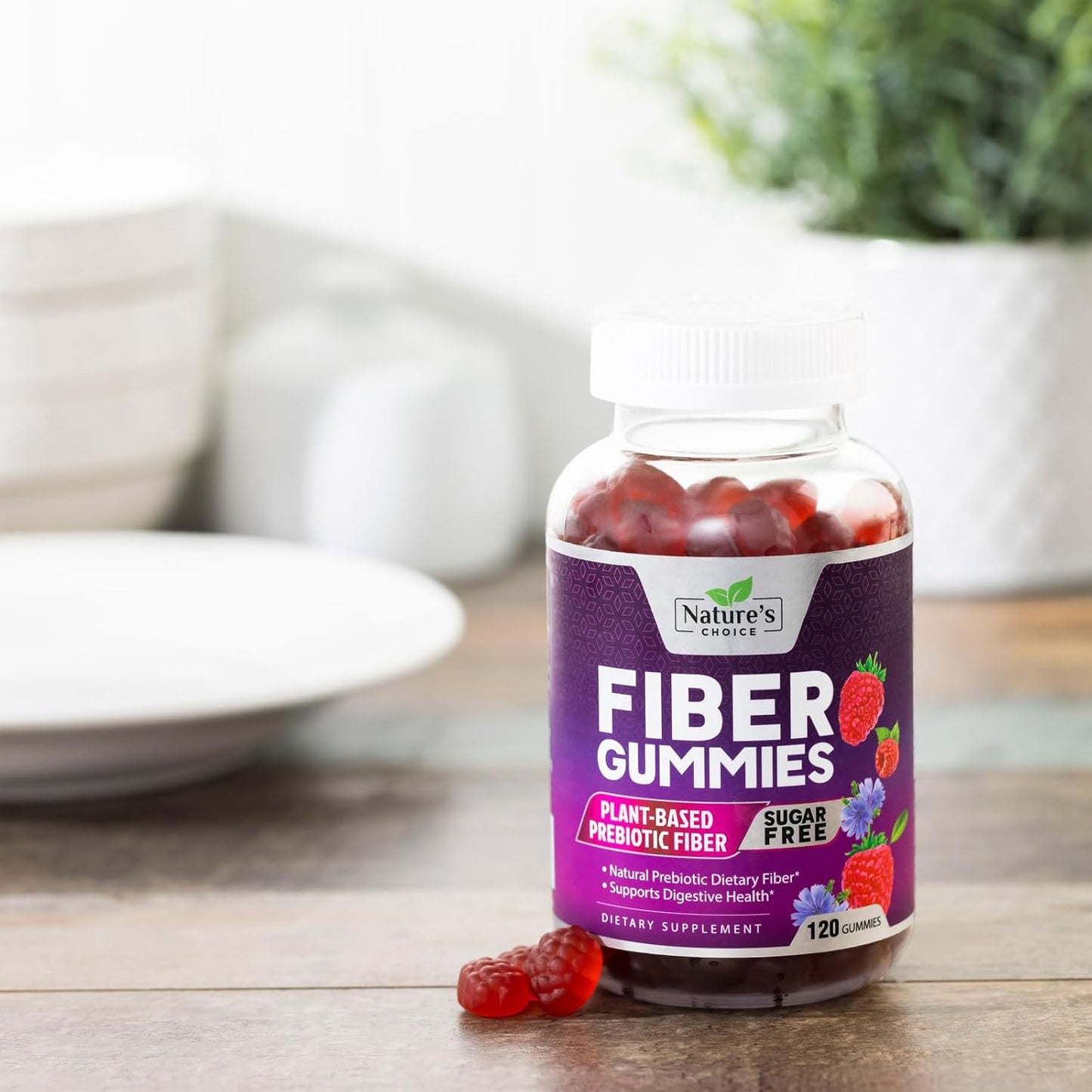 Plant-Based Berry Flavored Fiber Gummies for Adults - Sugar-Free Prebiotic Supplement for Digestive Health - 120 Count
