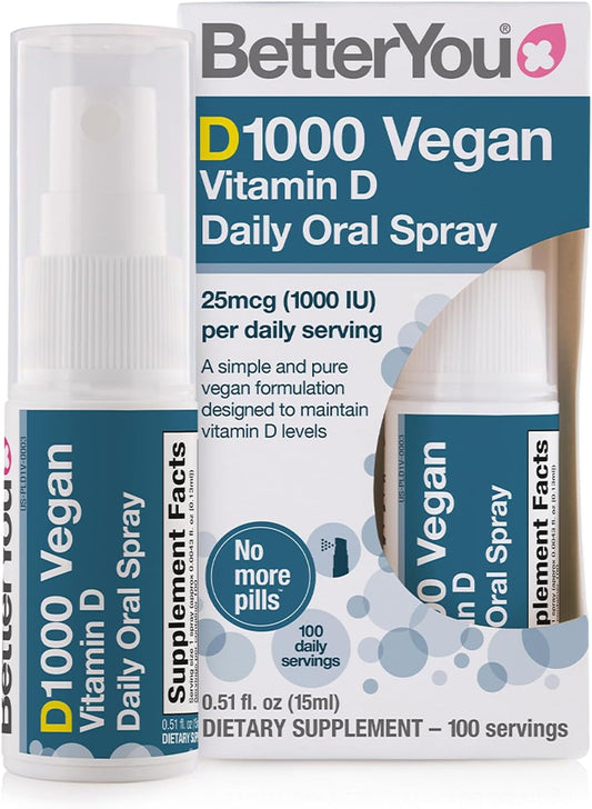 Plant-Based BetterYou D1000 Vitamin D Oral Spray for Strong Bones & Immune Support - Easy Alternative to Tablets - 100 Servings